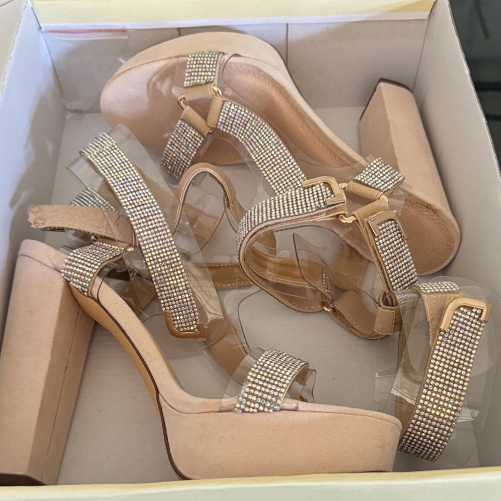 Chic Nude Rhinestone Platform Heels